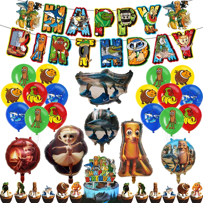 Tung Tung Tung Balloon Sahur Tralalo 생일 파티 장식 이탈리아 Brainrot 케이크 토퍼 배너 배경 키 체인 식기