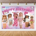 만화 ROBIOX 생일 파티 배경 장식 핑크 소녀 소년 어린이 선물 풍선 배너 베이비 샤워 사진 소품 - 이미지 5