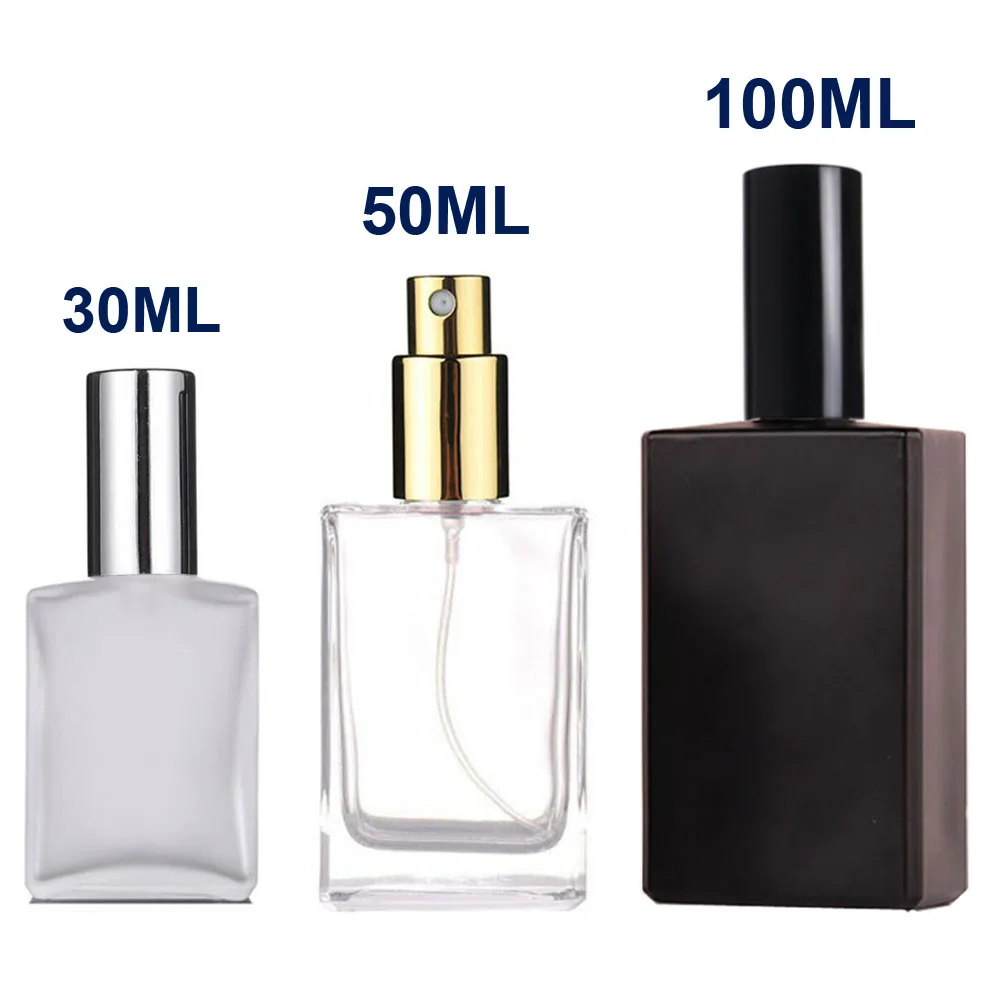 1X 3X 유리 향수 스프레이 병 15ml 30ml 50ml 100ml 에센셜 오일 향수 투명 서리로 덥은 검은 병 분무기 리필 가능 플랫