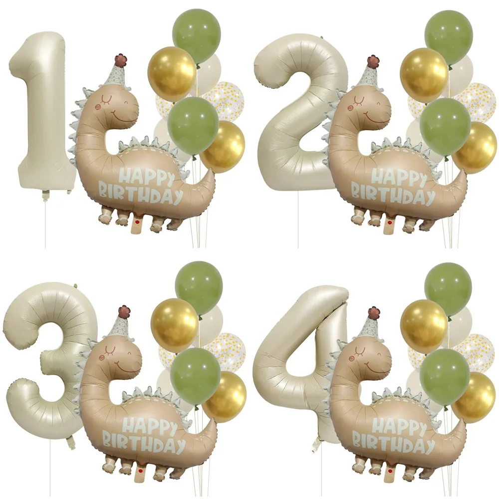 레트로 매트 캐러멜 컬러 공룡 알루미늄 필름 번호 풍선 세트 생일 축하 파티 장식 어린이 배경 사진 소품