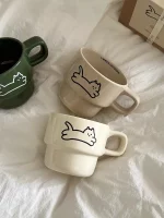 귀여운 고양이 개 커플 Ins 스타일 세라믹 머그잔 선물 고온 커피 워터 컵 만화 패턴 Staable 머그잔 - 이미지 4