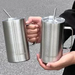 2025 신상품 스테인리스 스틸 커피컵 빨대 포함 여성용 손잡이 컵 고급스러운 디자인 304 스테인리스 스틸 아이스 킹 컵