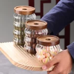 나무 뚜껑 줄무늬 유리 밀폐 용기 주방 보관 병 항아리 식품 용기 커피 콩 곡물 사탕 항아리 용기 - 이미지 4