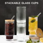 뚜껑과 빨대 세트가 포함된 리브드 유리 컵 4팩, 위스키 칵테일 맥주용 12OZ 빈티지 유리 제품, 뚜껑이 있는 아이스 커피 컵 - 이미지 5