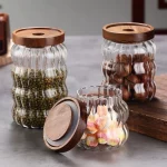 나무 뚜껑 줄무늬 유리 밀폐 용기 주방 보관 병 항아리 식품 용기 커피 콩 곡물 사탕 항아리 용기 - 이미지 3