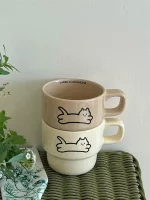 귀여운 고양이 개 커플 Ins 스타일 세라믹 머그잔 선물 고온 커피 워터 컵 만화 패턴 Staable 머그잔