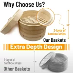 뚜껑이 달린 3 단 대나무 스티머 바구니, 100% 천연 대나무 롤, 프리미엄 수제 바구니, 치킨 생선 요리 딤섬, 10 인치 - 이미지 3