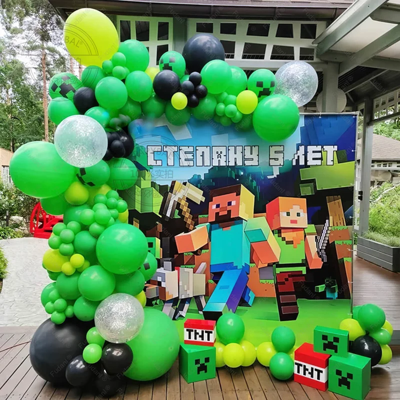 65개 핫 게임 마이너 픽셀 테마 풍선 아치 키트 (40인치 그린 모자이크 숫자 포함) 남자아이 생일 장식 용품 베이비 샤워