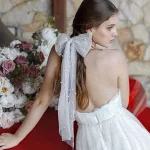 진주 파란색 나비 매듭 신부 베일 여성 결혼 결혼식 액세서리 - 이미지 4