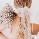 진주 파란색 나비 매듭 신부 베일 여성 결혼 결혼식 액세서리 - 이미지 3