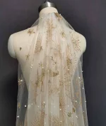 맞춤형 짧은 진주 페가수스 웨딩 베일, 반짝이는 골드 더스트 원 레이어 브라이덜 베일 (빗 포함), 실제 사진 촬영된 신부 베일 - 이미지 2