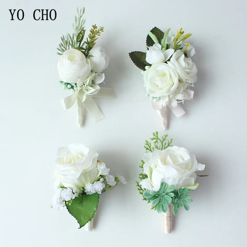 YO CHO 신부 실크 장미 화이트 손목 커프 팔찌, 신부 들러리 신랑 꽃 Boutonnieres 무도회 결혼 웨딩 용품