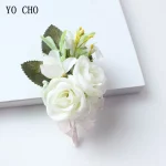YO CHO 신부 실크 장미 화이트 손목 커프 팔찌, 신부 들러리 신랑 꽃 Boutonnieres 무도회 결혼 웨딩 용품 - 이미지 2