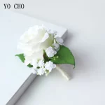 YO CHO 신부 실크 장미 화이트 손목 커프 팔찌, 신부 들러리 신랑 꽃 Boutonnieres 무도회 결혼 웨딩 용품 - 이미지 3