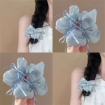 여성용 Scrunchies Kawaii 헤어 액세서리 소녀 파란색 나비 진주 대장 Scrunchie 헤드 로프 헤어 트레이 스위트 스타일