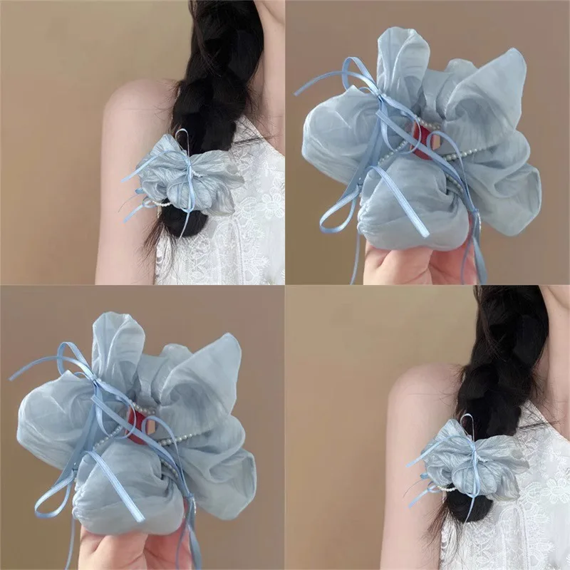 여성용 Scrunchies Kawaii 헤어 액세서리 소녀 파란색 나비 진주 대장 Scrunchie 헤드 로프 헤어 트레이 스위트 스타일