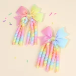 2Pcs 리본 술 헤어 클립 인기있는 달콤한 무지개 곱슬 리본 더블 포니 테일 머리핀 아기 소녀 헤어 액세서리 어린이위한 - 이미지 2