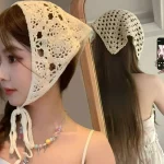 베이지색 면 소재 속이 빈 삼각형 헤어밴드 타월 (여성용 여름 여행 헤어 스카프/반다나 프랑스 스타일 속이 빈 격자무늬 헤어밴드) - 이미지 2