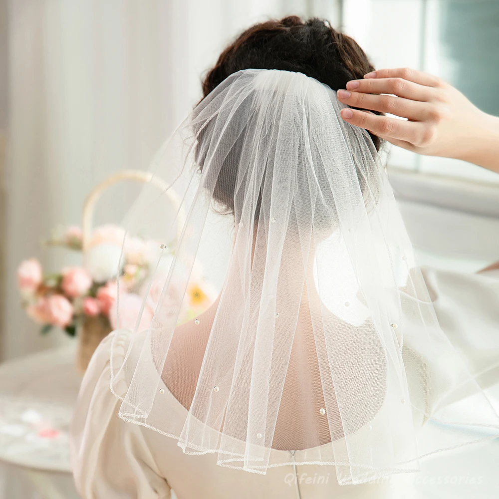 간단한 진주 구슬 짧은 웨딩 베일, 빗 포함, 결혼 어깨, 신부 베일 액세서리