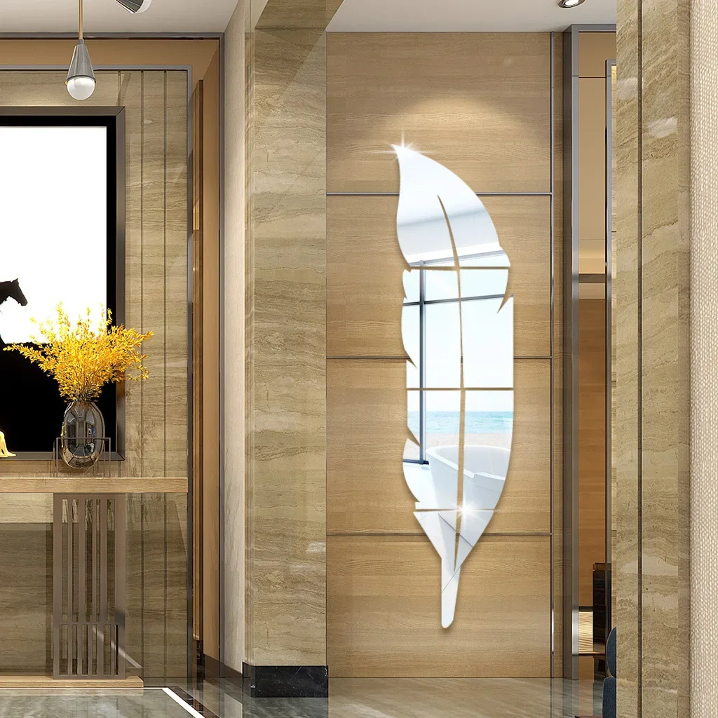 대형 깃털 아크릴 거울 벽 장식 스티커, 패션 DIY 자체 접착 벽 아트 데칼, 거실 거울 장식