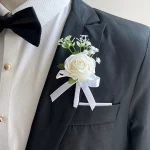 흰색 실크 장미 아기 호흡 Boutonniere 웨딩 액세서리 손목 코사지 팔찌 신부 들러리 인공 꽃 단추 구멍 - 이미지 3