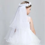 어린이 작은 공주 헤어 밴드 더블 레이어 Tulle Bridal Veils 꽃 화환 주름 장식 꽃 레이스 웨딩 파티 화환