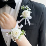 흰색 실크 장미 아기 호흡 Boutonniere 웨딩 액세서리 손목 코사지 팔찌 신부 들러리 인공 꽃 단추 구멍