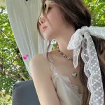 빈티지 화이트 레이스 헤어 스카프 여름 달콤한 활 머리띠 여성을위한 우아한 리본 스카프 Hairbands 130cm 긴 좁은 Neckscarf - 이미지 4