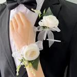 Boutonniere 웨딩 꽃 인공 실크 장미 손목 코사지 팔찌, 신부 들러리, 남자 단추 홀, 하객 결혼 액세서리