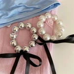 1PC 패션 포니 테일 헤어 로프 블랙 리본 진주 헤어 밴드 고탄성 헤어 타이 가죽 밴드 내구성 머리 머리를 다치게하지 마십시오 - 이미지 5