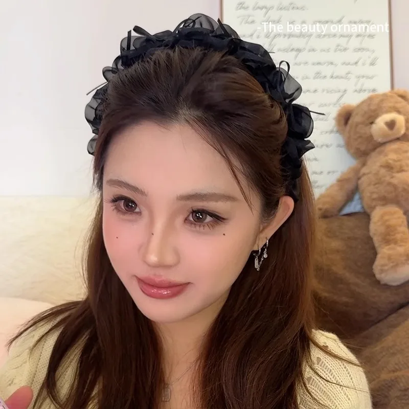 2025 한국 발레 헤드밴드: 새틴 리본 & 튤 보우 와이드 헤드밴드 (니트 그립 - 미끄럼 방지 크라운 리프트)