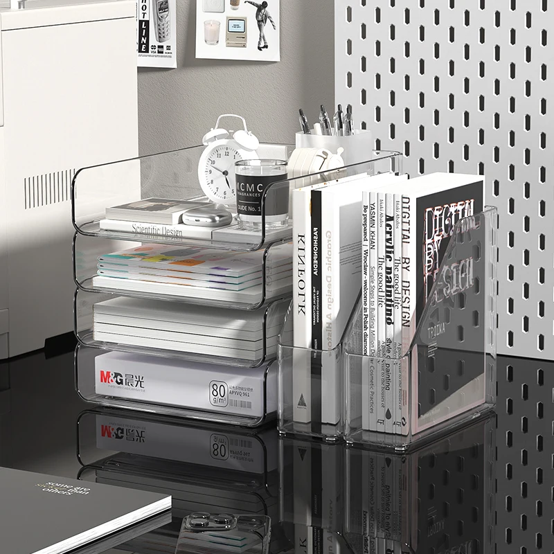 수직 파일 홀더 2개가 있는 책상 정리함, 펜 홀더가 있는 4단 쌓을 수 있는 종이 편지 트레이 파일 정리함, 책상 정리함