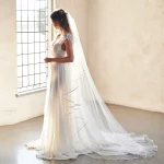 웨딩 베일 리본 가장자리 2 계층 신부 베일 웨딩 대성당 길이 커버 앞면과 뒷면 부드러운 이탈리아어 얇은 명주 그물 베일 V97 - 이미지 2