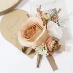 신랑 들러리용 빈티지 커피 인공 부토니에르, 손목 코사지 꽃, 웨딩 파티 신부 들러리 결혼 액세서리 - 이미지 6