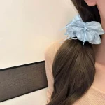 여성용 Scrunchies Kawaii 헤어 액세서리 소녀 파란색 나비 진주 대장 Scrunchie 헤드 로프 헤어 트레이 스위트 스타일 - 이미지 4