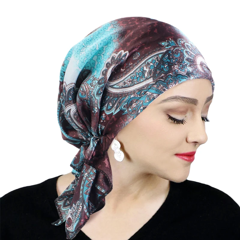 여성 새틴 Pre-tied Turban 새로 페이즐리 패턴 이슬람 머리띠 소프트 Flexib 헤어 스카프 Chemo Cap Leadies Head Wrap Bandana