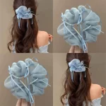 여성용 Scrunchies Kawaii 헤어 액세서리 소녀 파란색 나비 진주 대장 Scrunchie 헤드 로프 헤어 트레이 스위트 스타일 - 이미지 6