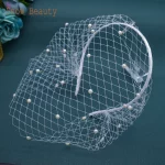 JM20 화이트 펄 웨딩 새장 베일, 머리띠 얼굴 그물 마스크 베일, 매력적인 매혹적인 블러셔 베일, 얇은 명주 그물 케이지 베일 - 이미지 6