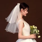 새로운 두 레이어 신부 베일 레이스 가장자리 흰색 웨딩 베일 짧은 간단한 여성 Tulle 웨딩 액세서리 사진 베일 - 이미지 3