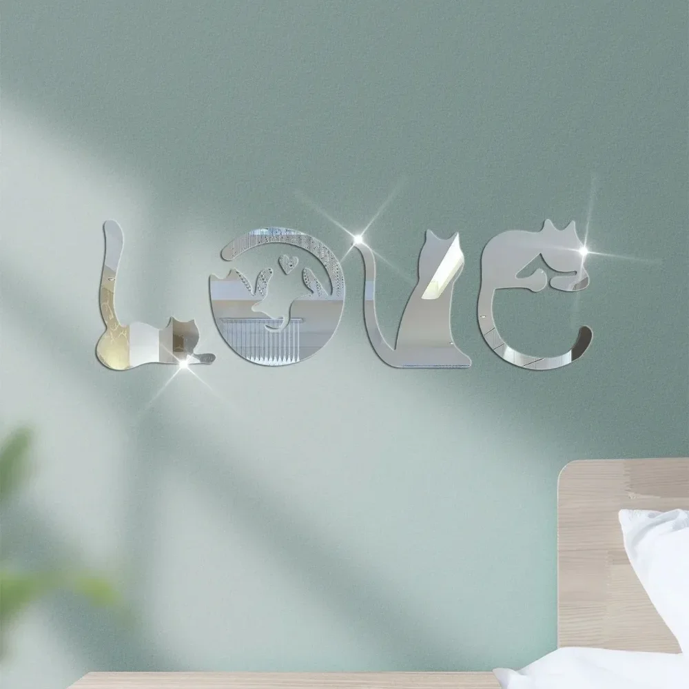 3D 러브 고양이 거울 벽 스티커, 아크릴 페이스트, 홈 데코 고양이 벽지, 욕실, 침실, 거실 문짝, 모던 홈 데코