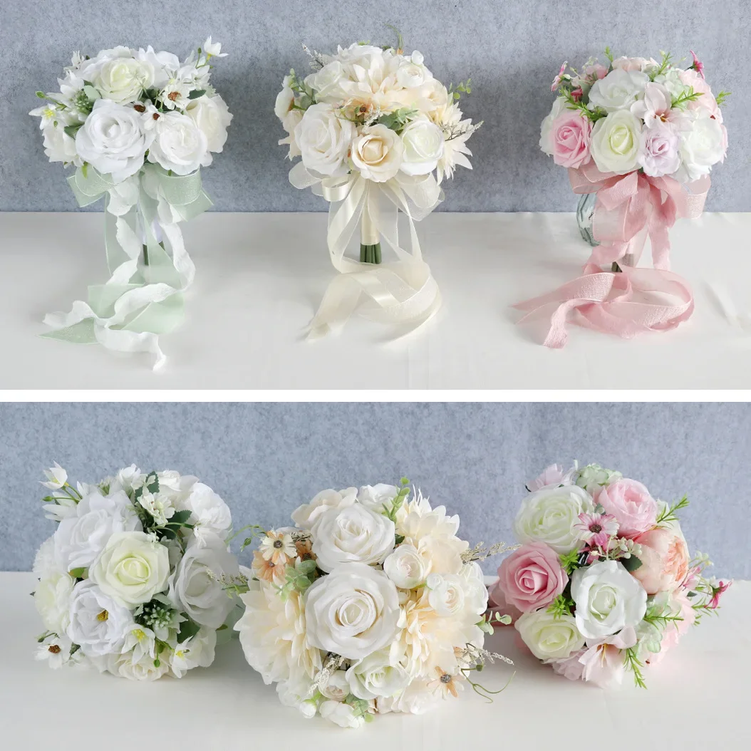 웨딩 부케 가짜 꽃 새로운 신부 휴대용 꽃꽂이 사진 소품 웨딩 장식 홈 장식 꽃