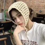 베이지색 면 소재 속이 빈 삼각형 헤어밴드 타월 (여성용 여름 여행 헤어 스카프/반다나 프랑스 스타일 속이 빈 격자무늬 헤어밴드) - 이미지 4