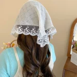 레이스 삼각형 헤어 스카프, 할로우 니트 꽃 머리띠, 헤어 타이 밴드, 개성 있는 여성용 헤드워프 헤어 액세서리 - 이미지 3