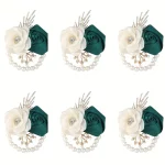 우아한 6pcs 웨딩 세트 녹색 패브릭 폼 로즈 가짜 진주 손목 코사지 및 Boutonnieres 신부 들러리에 적합 - 이미지 2