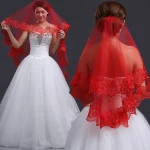 여성을 위한 클래식 레드 신부 결혼식 간단한 긴 레이스 베일 헤드피스 - 이미지 2