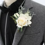 Boutonnieres 꽃 인공 흰색 장미 실크 아이보리 코사지 Buttonhole 신랑 들러리 Boutonniere 남성용 결혼식 액세서리
