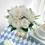 6 헤드 장미 꽃다발 인공 꽃 서양 장미 웨딩 장식 데이지 모란 가짜 꽃 인공 꽃