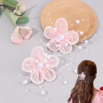 2Pcs 쉬폰 꽃 진주 헤어 클립 우아한 꽃 머리핀 달콤한 요정 자용 여자 여자 한국어 스타일 머리 장식 액세서리