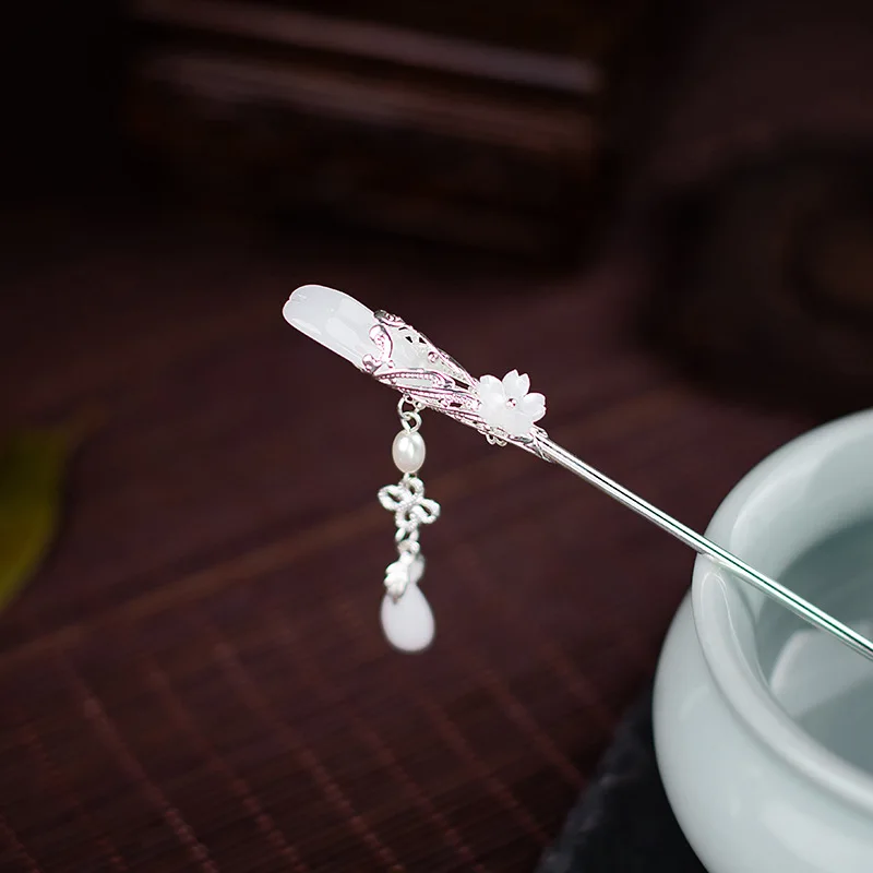 꽃 물방울 유리 구슬 여성을위한 헤어 스틱 모조 진주 술 머리핀 기질 Hanfu Cheongsam Charm Chopstick