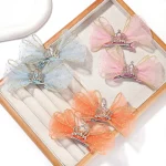 2pcs 소녀 헤어 클립 어린이를위한 사랑스러운 Organza 활 머리핀 바레트 지르콘 크라운 머리 장식 어린이 아기 헤어 액세서리